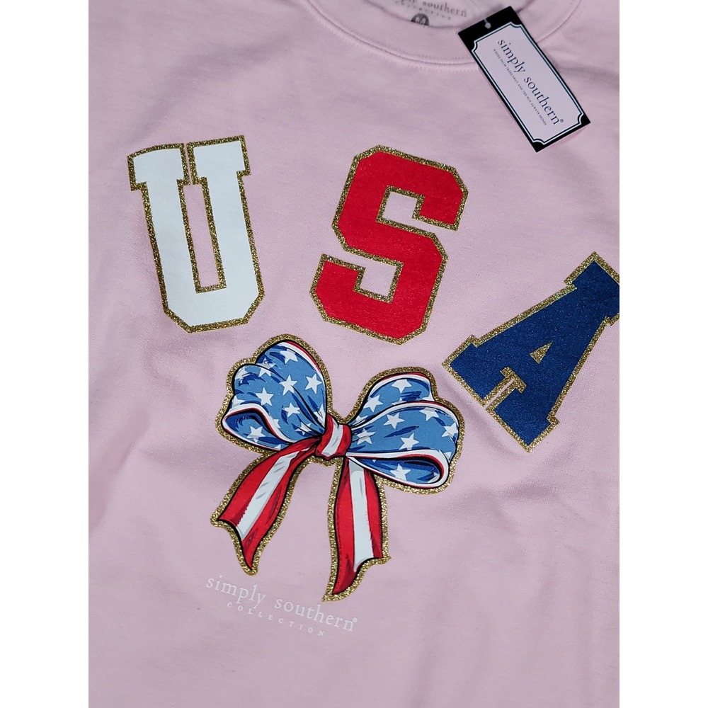 Simply Southern Sweatshirt Crewneck Sz M Pink Patriotic Bows USA 4TH of July NWT - Picture 5 of 14
